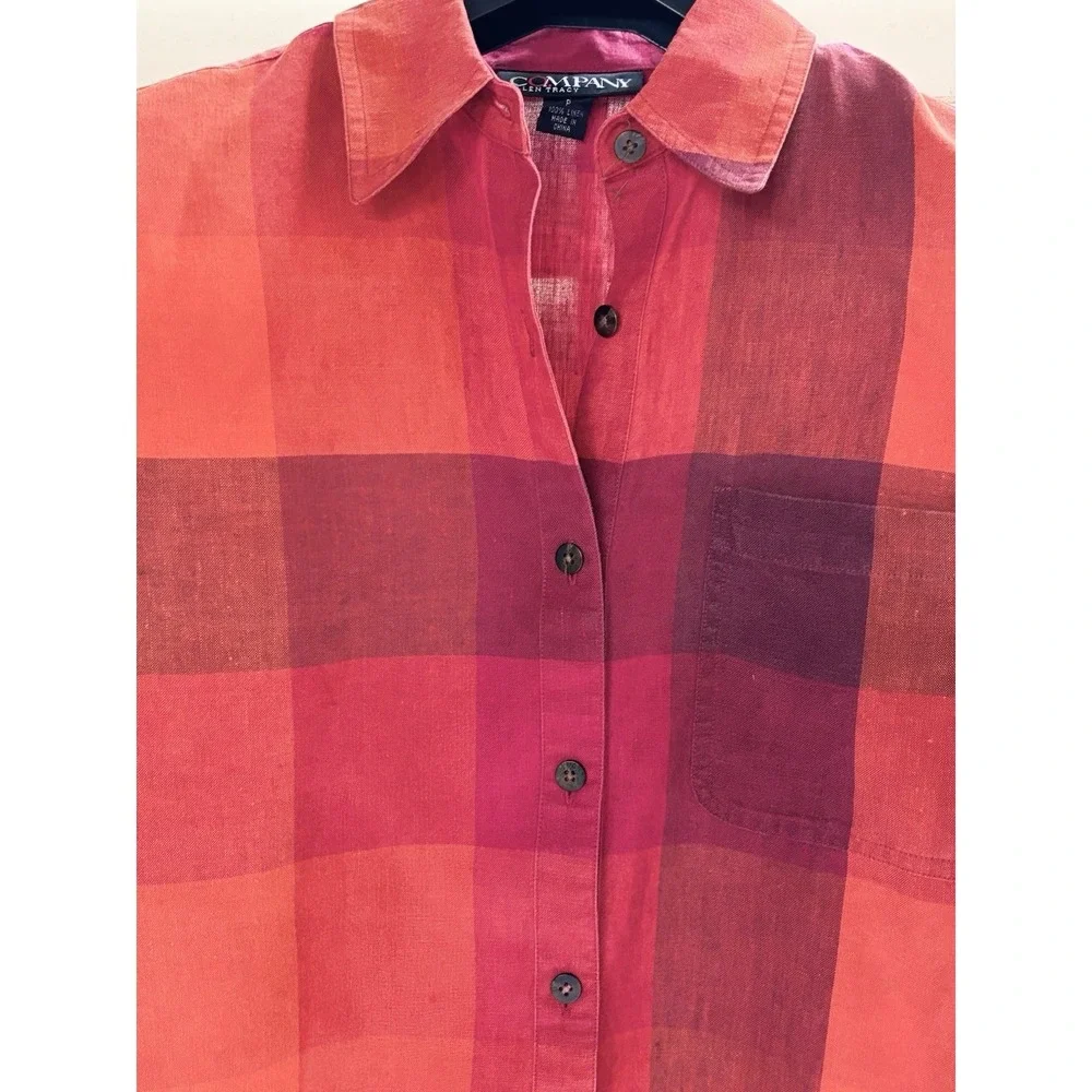 Company Ellen‎ Tracy 8 P 100% Linen Button Up  Plaid Harvest Fall Long Sleeve